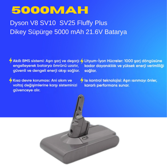 Dyson V8 SV10 SV25 Fluffy Plus Tip2 Dikey Süpürge 5000 mAh 21.6 V  Batarya – Orjinal Uyumlu Uzun Ömürlü, Yüksek Performans Pil