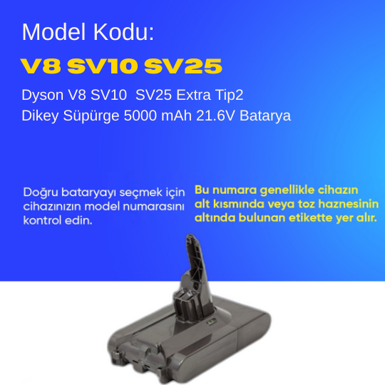 Dyson V8 SV10 SV25 Extra Tip2 Dikey Süpürge 5000 mAh 21.6 V  Batarya – Orjinal Uyumlu Uzun Ömürlü, Yüksek Performans Pil