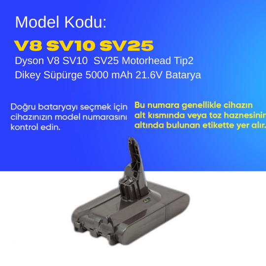 Dyson V8 SV10 SV25 Motorhead Tip2 Dikey Süpürge 5000 mAh 21.6 V  Batarya – Orjinal Uyumlu Uzun Ömürlü, Yüksek Performans Pil