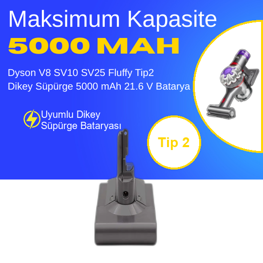 Dyson V8 SV10 SV25 Fluffy Tip2 Dikey Süpürge 5000 mAh 21.6 V  Batarya – Orjinal Uyumlu Uzun Ömürlü, Yüksek Performans Pil