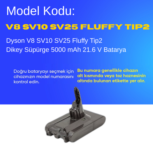 Dyson V8 SV10 SV25 Fluffy Tip2 Dikey Süpürge 5000 mAh 21.6 V  Batarya – Orjinal Uyumlu Uzun Ömürlü, Yüksek Performans Pil