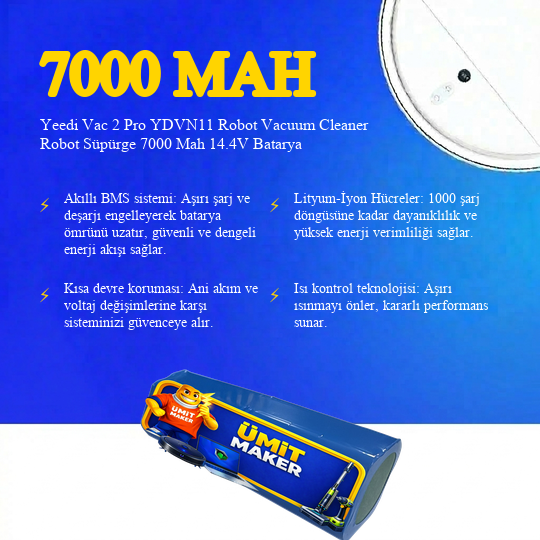 Yeedi Vac 2 Pro YDVN11 Robot Vacuum Cleaner Robot Süpürge 7000 Mah 14.4V Batarya – Orjinal Uyumlu Uzun Ömürlü
