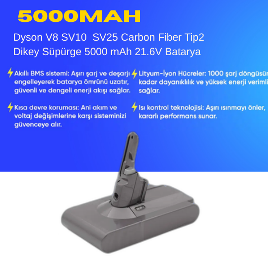 Dyson V8 SV10 SV25 Carbon Fiber Tip2 Dikey Süpürge 5000 mAh 21.6 V  Batarya – Orjinal Uyumlu Uzun Ömürlü, Yüksek Performans Pil