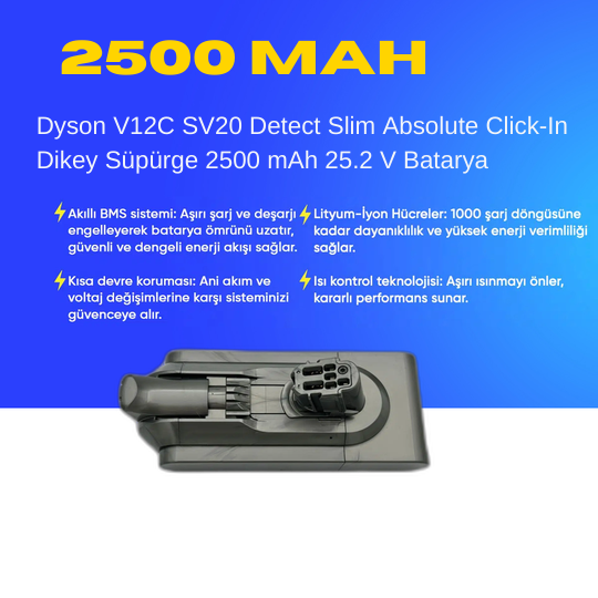 Dyson V12C SV20 Detect Slim Absolute Click-In Dikey Süpürge 2500 mAh 25.2 V  Batarya – Orjinal Uyumlu Uzun Ömürlü