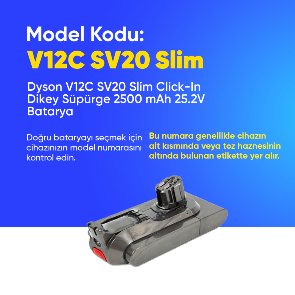 Dyson V12C SV20 Slim Click-In Dikey Süpürge 2500 mAh 25.2 V  Batarya – Orjinal Uyumlu Uzun Ömürlü, Yüksek Performans Pil