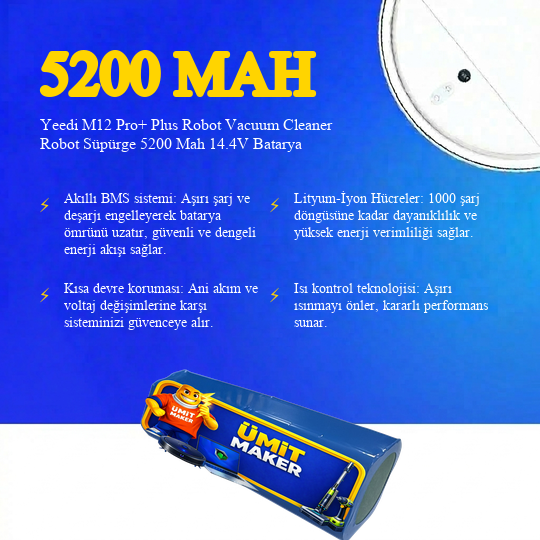 Yeedi M12 Pro+ Plus Robot Vacuum Cleaner Robot Süpürge 5200 Mah 14.4V Batarya – Orjinal Uyumlu Uzun Ömürlü