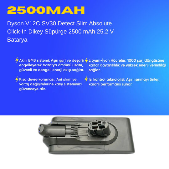 Dyson V12C SV30 Detect Slim Absolute Click-In Dikey Süpürge 2500 mAh 25.2 V  Batarya – Orjinal Uyumlu Uzun Ömürlü
