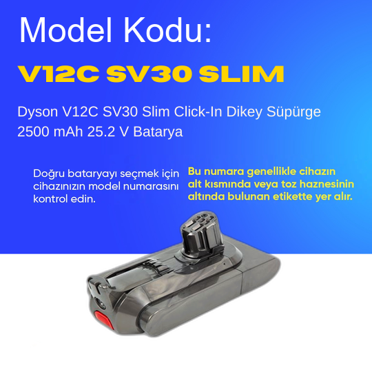 Dyson V12C SV30 Slim Click-In Dikey Süpürge 2500 mAh 25.2 V  Batarya – Orjinal Uyumlu Uzun Ömürlü, Yüksek Performans Pil