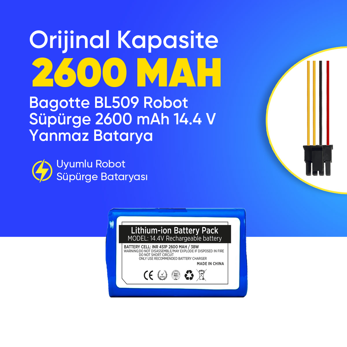 Bagotte BL509 Robot Süpürge 2600 mAh 14.4 V Yanmaz Batarya – Orjinal Uyumlu Uzun Ömürlü, Yüksek Performans Pil
