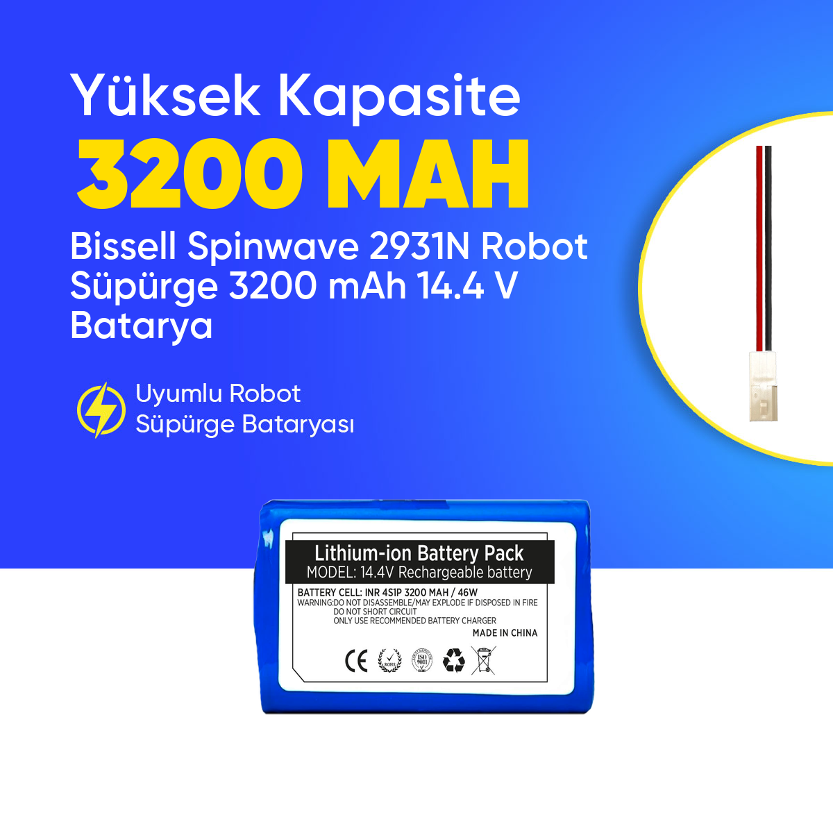 Bissell Spinwave 2931N Robot Süpürge 3200 mAh 14.4 V  Batarya – Orjinal Uyumlu Uzun Ömürlü, Yüksek Performans Pil