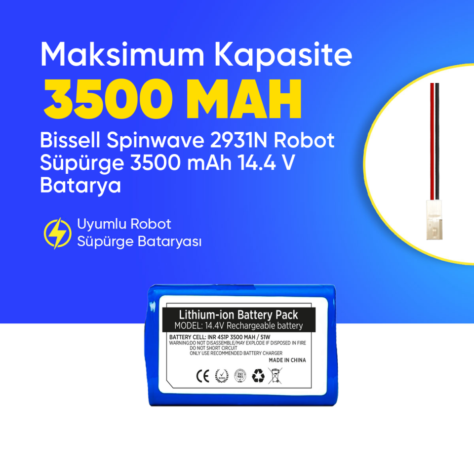 Bissell Spinwave 2931N Robot Süpürge 3500 mAh 14.4 V  Batarya – Orjinal Uyumlu Uzun Ömürlü, Yüksek Performans Pil