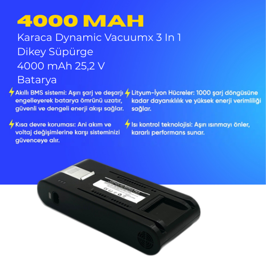 Karaca Dynamic Vacuumx 3 In 1 Dikey Süpürge 4000 mAh 25,2 V  Batarya – Orjinal Uyumlu Uzun Ömürlü, Yüksek Performans Pil