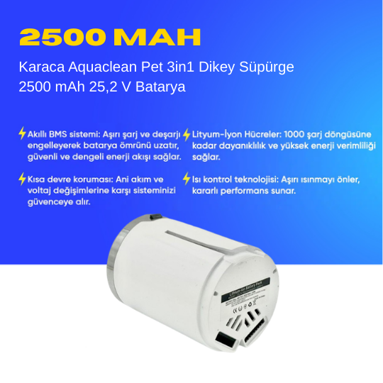 Karaca Aquaclean Pet 3in1 Dikey Süpürge 2500 mAh 25,2 V  Batarya – Orjinal Uyumlu Uzun Ömürlü, Yüksek Performans Pil