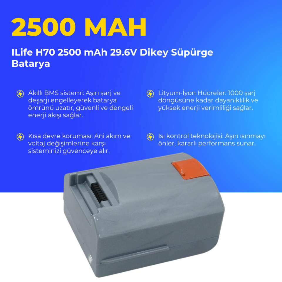 ILife H70 2500 mAh 29.6V Dikey Süpürge Batarya