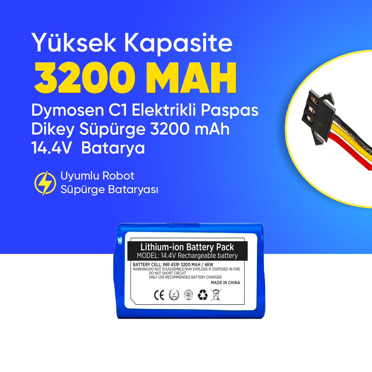 Dymosen C1 Elektrikli Paspas Dikey Süpürge 3200 mAh 14.4V  Batarya – Orjinal Uyumlu Uzun Ömürlü, Yüksek Performans Pil