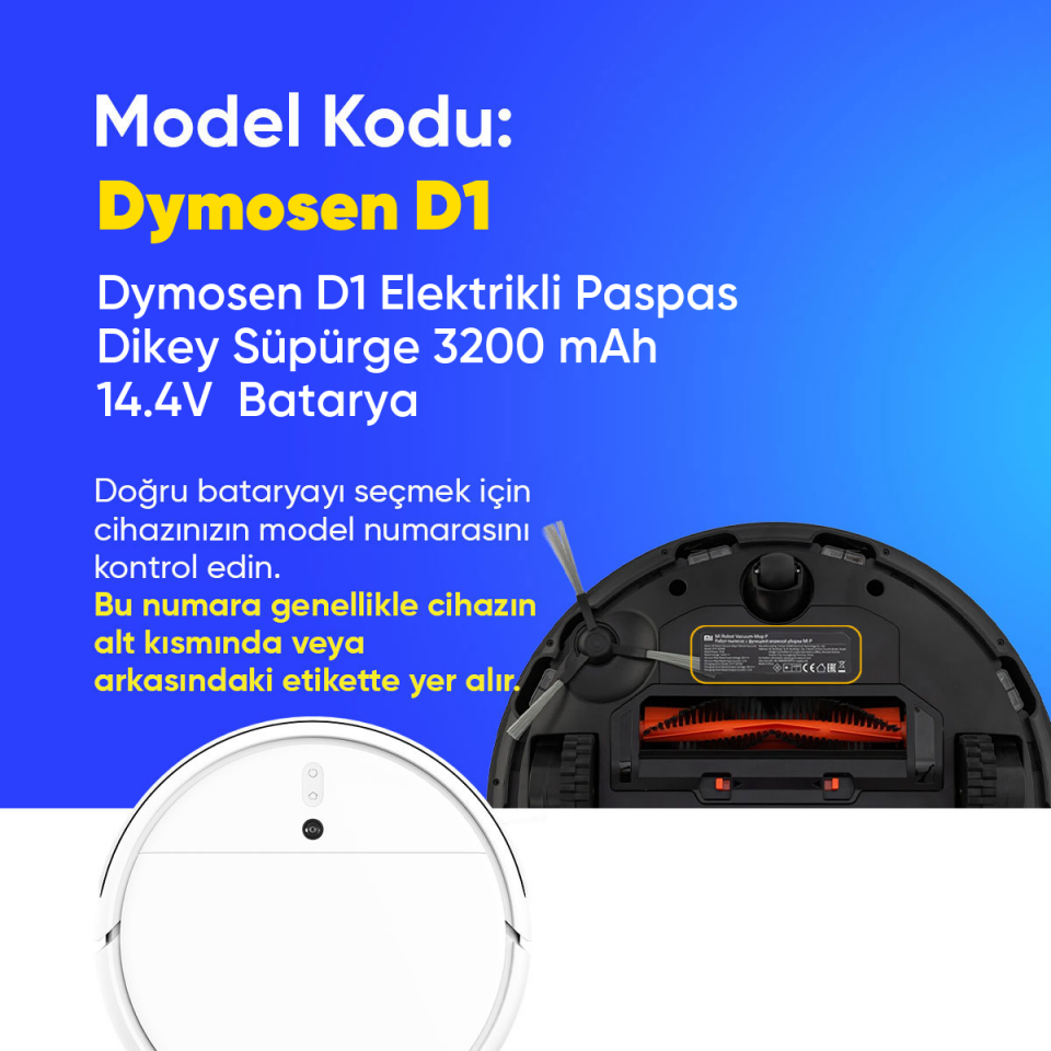 Dymosen D1 Elektrikli Paspas Dikey Süpürge 3200 mAh 14.4V  Batarya – Orjinal Uyumlu Uzun Ömürlü, Yüksek Performans Pil