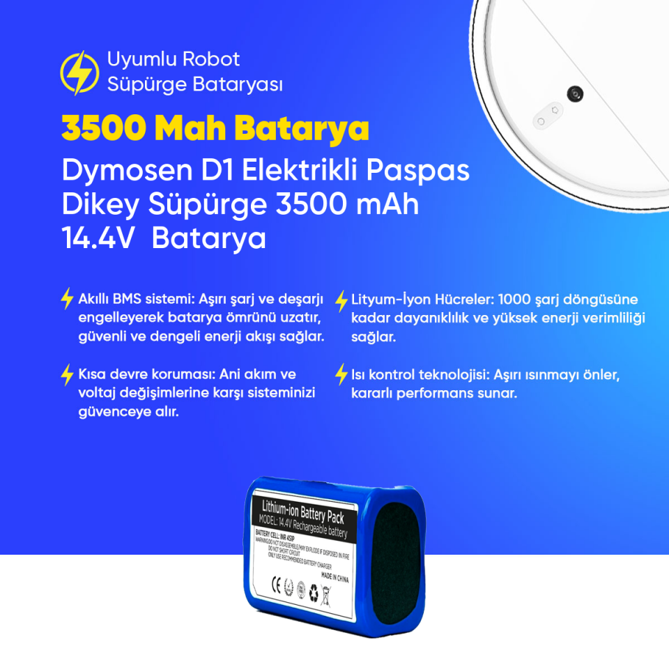 Dymosen D1 Elektrikli Paspas Dikey Süpürge 3500 mAh 14.4V  Batarya – Orjinal Uyumlu Uzun Ömürlü, Yüksek Performans Pil