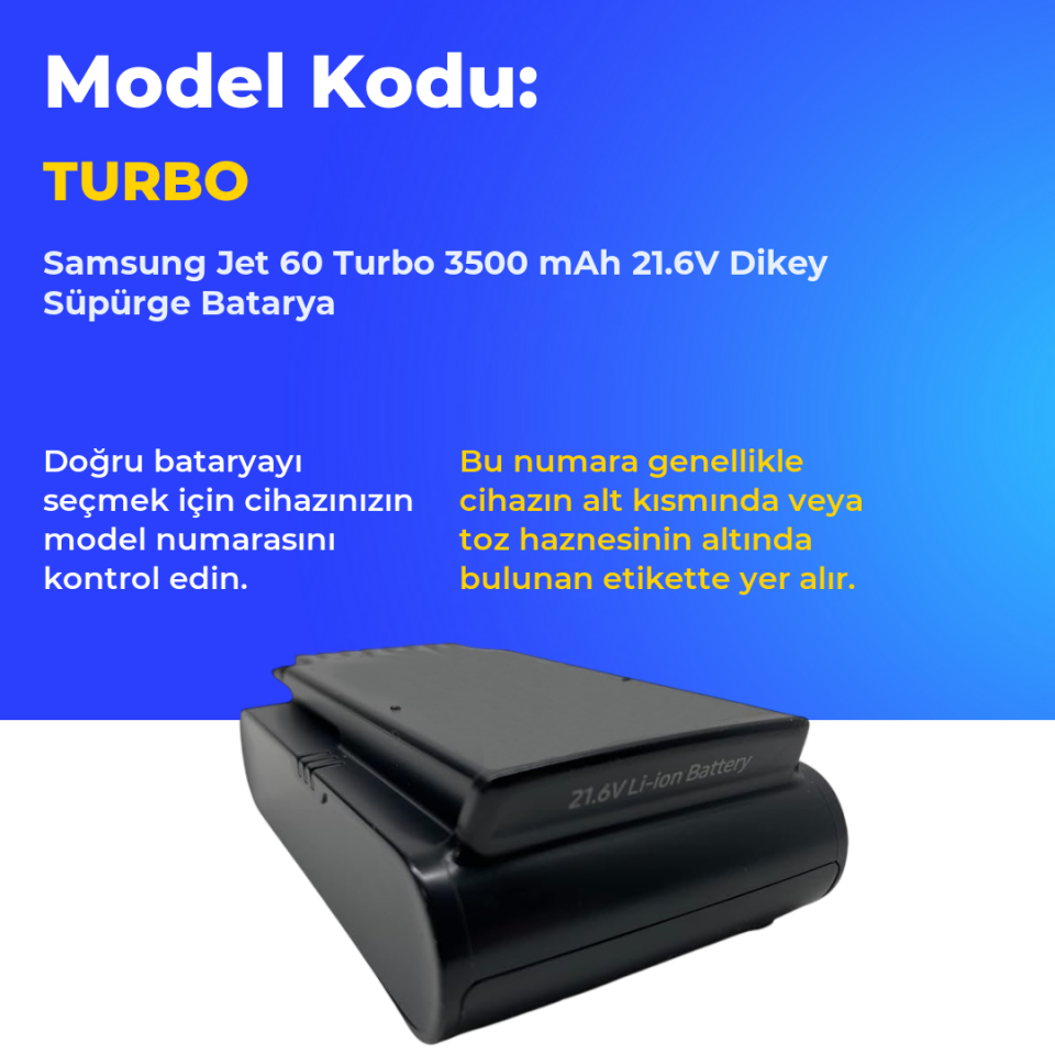 Samsung Jet 60 Turbo 3500 mAh 21.6V Dikey Süpürge Batarya