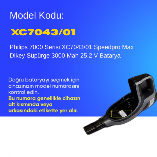 Philips 7000 Serisi XC7043/01 Speedpro Max Dikey Süpürge 3000 Mah 25.2 V Batarya – Orjinal Uyumlu Uzun Ömürlü, Yüksek Performans Pil