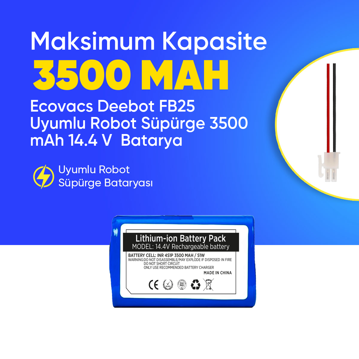 Ecovacs Deebot FB25 Uyumlu Robot Süpürge 3500 mAh 14.4 V  Batarya – Orjinal Uyumlu Uzun Ömürlü, Yüksek Performans Pil