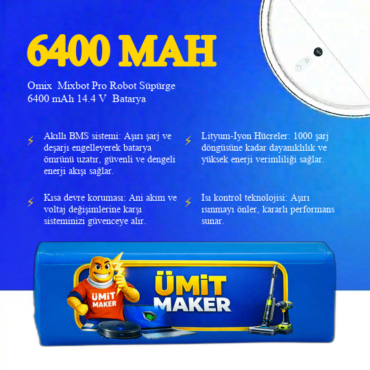 Omix  Mixbot Pro Robot Süpürge 6400 mAh 14.4 V  Batarya – Orjinal Uyumlu Uzun Ömürlü, Yüksek Performans Pil