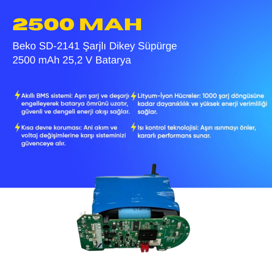 Beko SD-2141 Şarjlı Dikey Süpürge 2500 mAh 25,2 V  Batarya – Orjinal Uyumlu Uzun Ömürlü, Yüksek Performans Pil