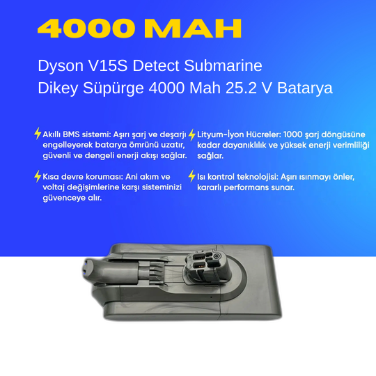 Dyson V15S Detect Submarine 4000 Mah Süpürge Batarya – Yüksek Kapasiteli, Güçlü ve Dayanıklı Yedek Pil | Uzun Ömürlü Li-Ion Batarya