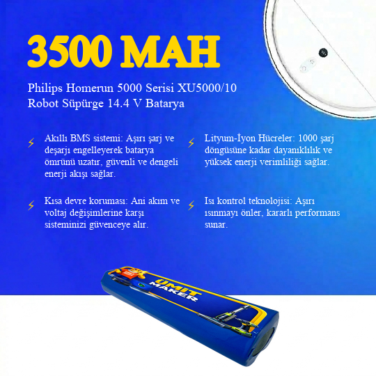Philips Homerun 5000 Serisi XU5000/10 Robot Süpürge 3500 mAh Batarya