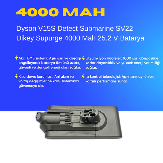 Dyson V15S Detect Submarine SV22 4000 Mah Süpürge Batarya – Yüksek Kapasiteli, Güçlü ve Dayanıklı Yedek Pil | Uzun Ömürlü Li-Ion Batarya