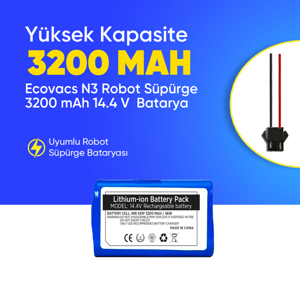 Ecovacs N3 Robot Süpürge 3200 mAh 14.4 V  Batarya – Orjinal Uyumlu Uzun Ömürlü, Yüksek Performans Pil