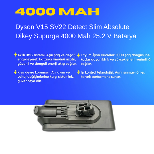 Dyson V15 SV22 Detect Slim Absolute 4000MAH Pil Dikey Süpürge Batarya
