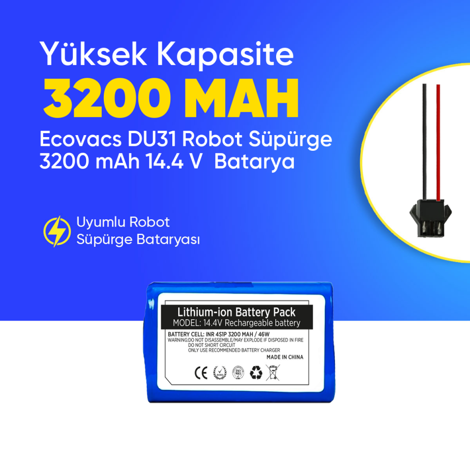 Ecovacs DU31 Robot Süpürge 3200 mAh 14.4 V  Batarya – Orjinal Uyumlu Uzun Ömürlü, Yüksek Performans Pil