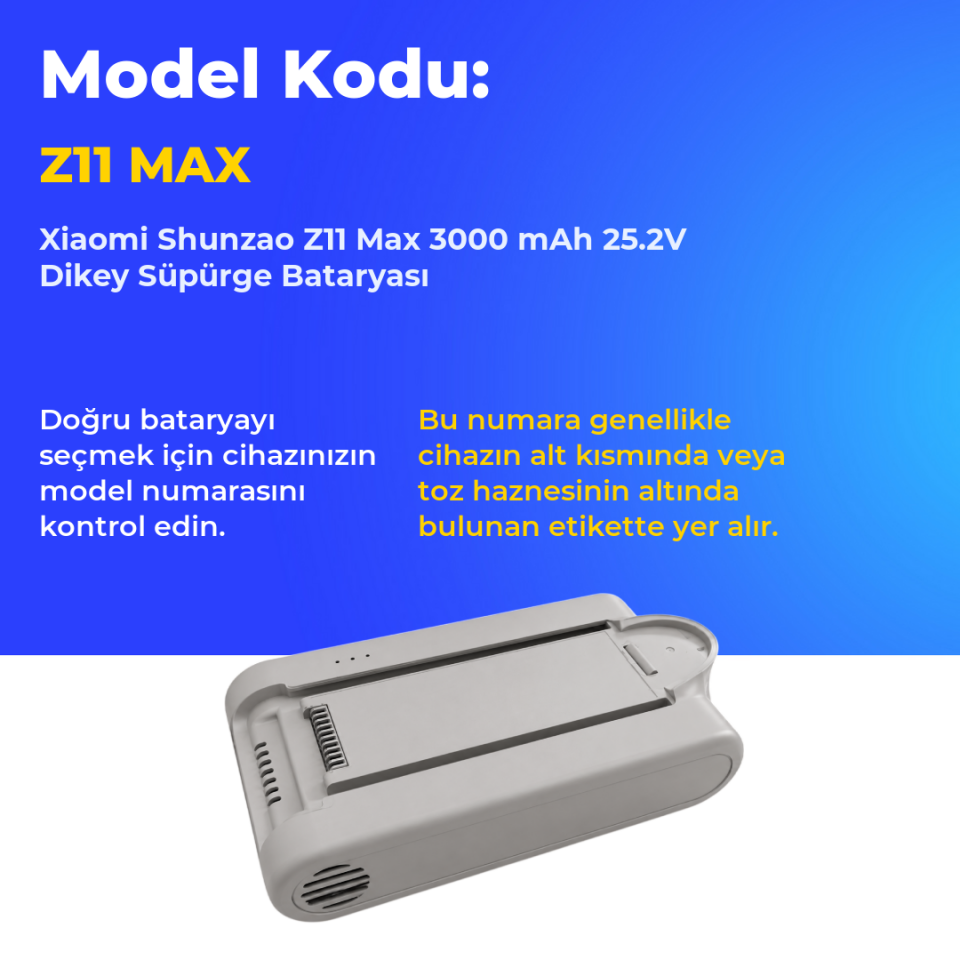 Xiaomi Shunzao Z11 Max 3000 mAh 25.2V Dikey Süpürge Bataryası