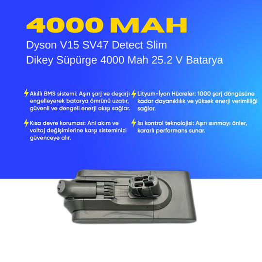 Dyson V15 SV47 Detect Slim Dikey Süpürge 4000 Mah 25.2 V Batarya – Orjinal Uyumlu Uzun Ömürlü, Yüksek Performans Pil
