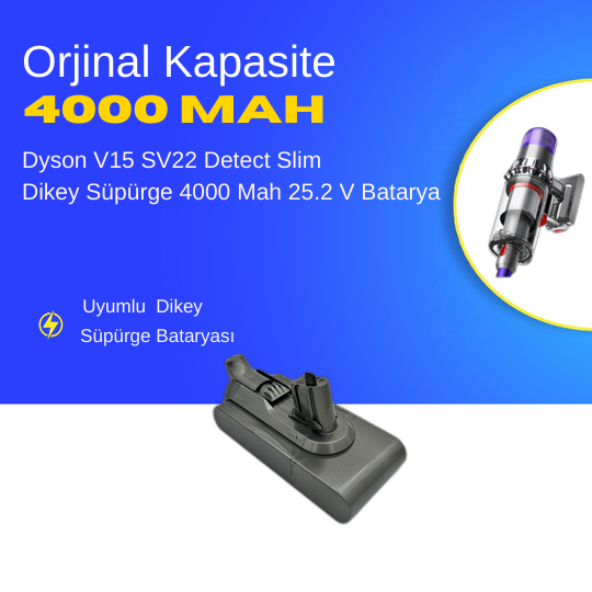 Dyson V15 SV22 Detect Slim Dikey Süpürge 4000 Mah 25.2 V Batarya – Orjinal Uyumlu Uzun Ömürlü, Yüksek Performans Pil
