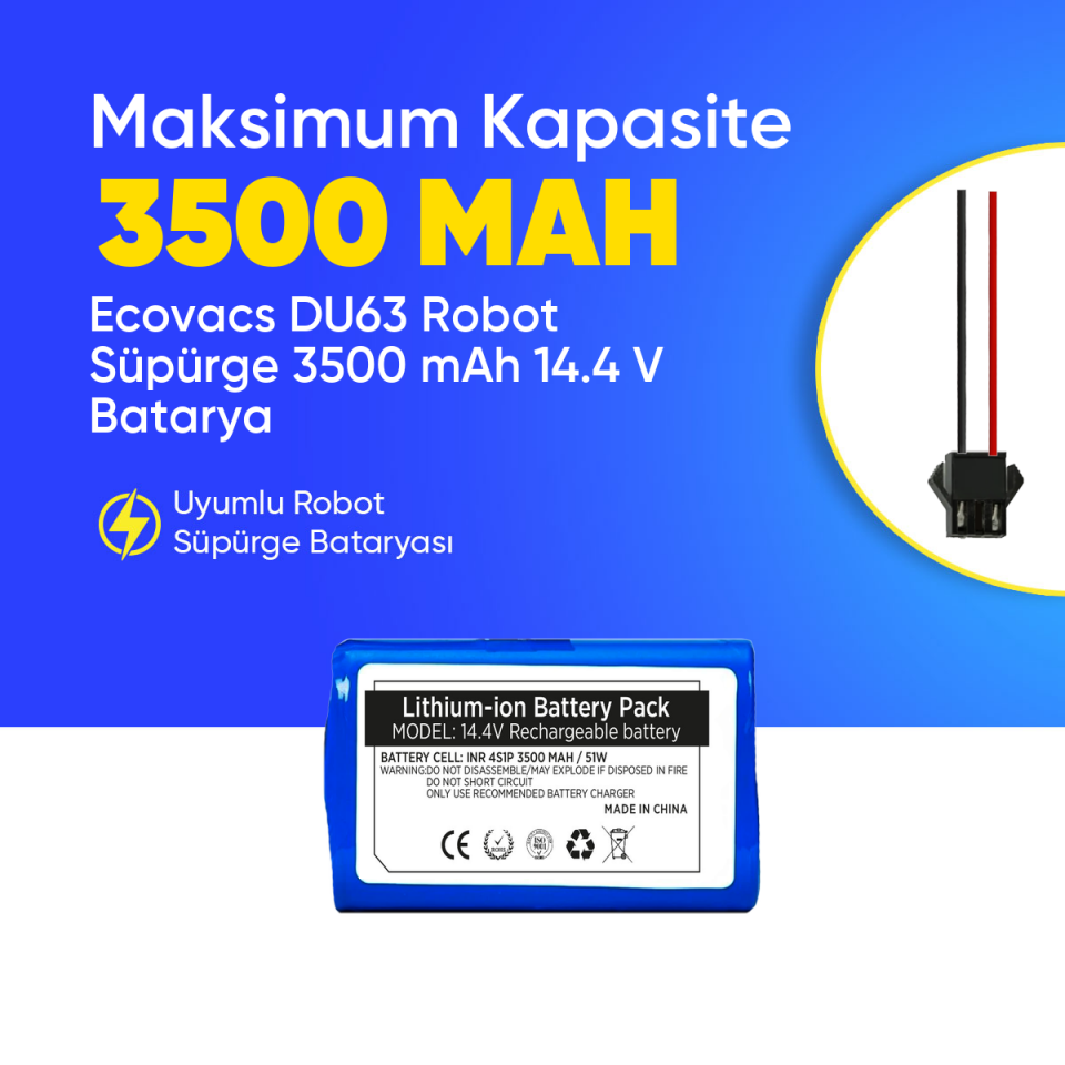Ecovacs DU63 Robot Süpürge 3500 mAh 14.4 V  Batarya – Orjinal Uyumlu Uzun Ömürlü, Yüksek Performans Pil
