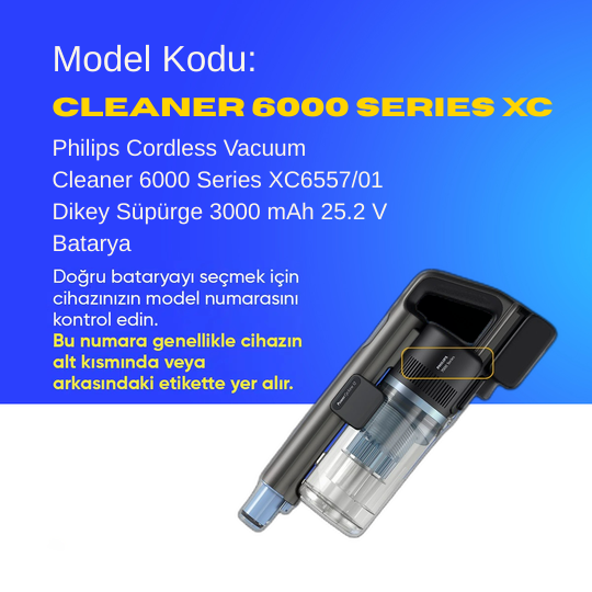 Philips Cordless Vacuum Cleaner 6000 Series XC6557/01 Dikey Süpürge 3000 mAh 25.2 V  Batarya – Orjinal Uyumlu Uzun Ömürlü, Yüksek Performans Pil