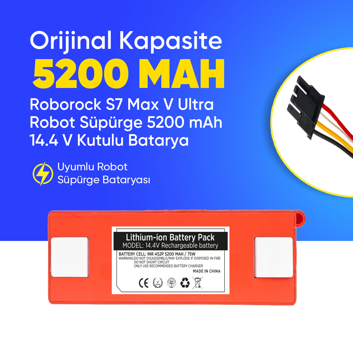 Roborock S7 Max V Ultra Robot Süpürge 5200 mAh 14.4 V Kutulu Batarya – Orjinal Uyumlu Uzun Ömürlü, Yüksek Performans Pil