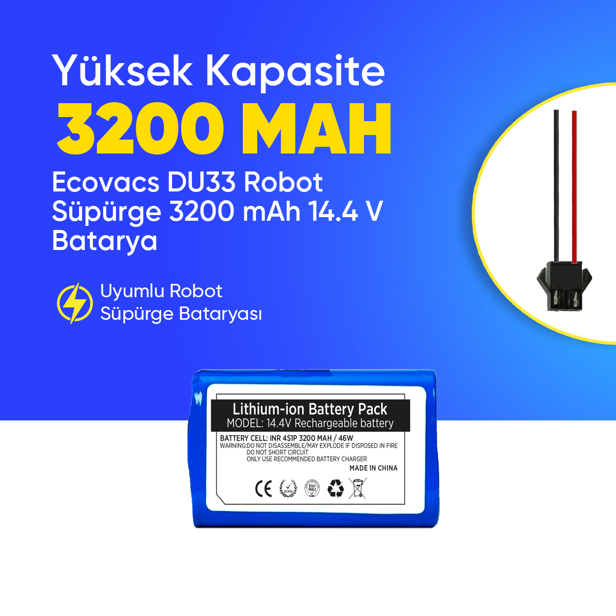 Ecovacs DU33 Robot Süpürge 3200 mAh 14.4 V  Batarya – Orjinal Uyumlu Uzun Ömürlü, Yüksek Performans Pil