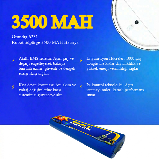 Grundig 6231 Robot Süpürge 3500 MAH Batarya – Maksimum Güç, En Uzun Süreli Temizlik