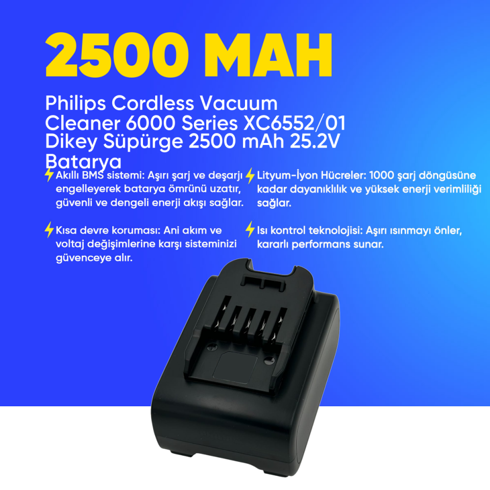 Philips Cordless Vacuum Cleaner 6000 Series XC6552/01  Dikey Süpürge 2500 mAh 25.2 V  Batarya – Orjinal Uyumlu Uzun Ömürlü, Yüksek Performans Pil