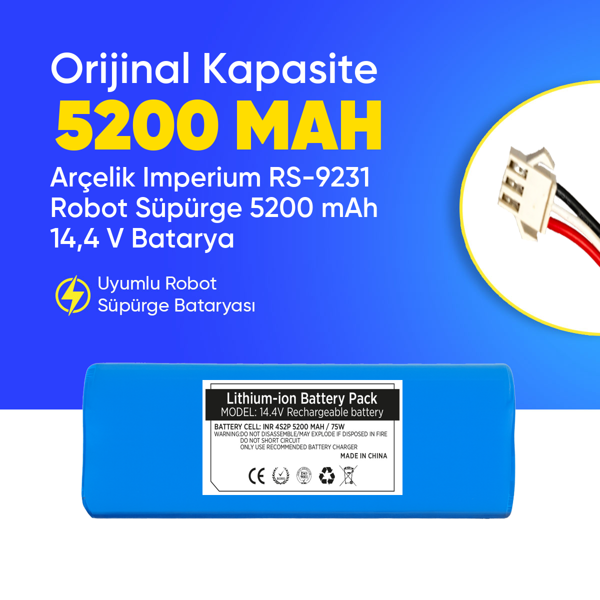 Arçelik Imperium RS-9231 Robot Süpürge 5200 mAh  14,4 V Batarya – Orjinal Uyumlu Uzun Ömürlü, Yüksek Performans Pil