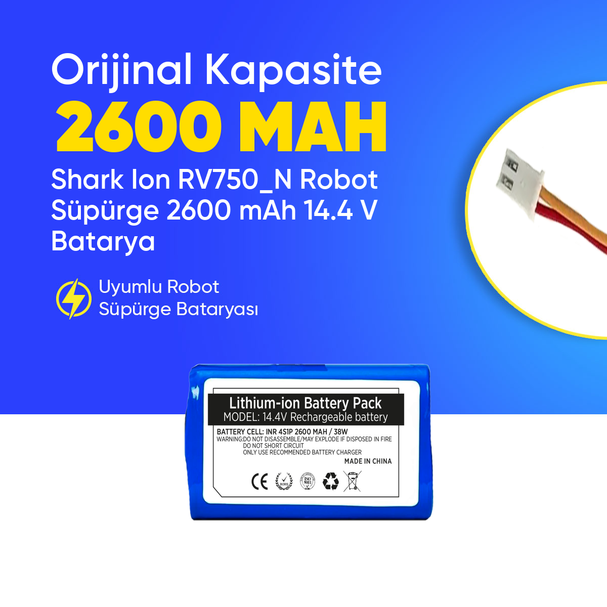 Shark Ion RV750_N Robot Süpürge 2600 mAh 14.4 V  Batarya – Orjinal Uyumlu Uzun Ömürlü, Yüksek Performans Pil