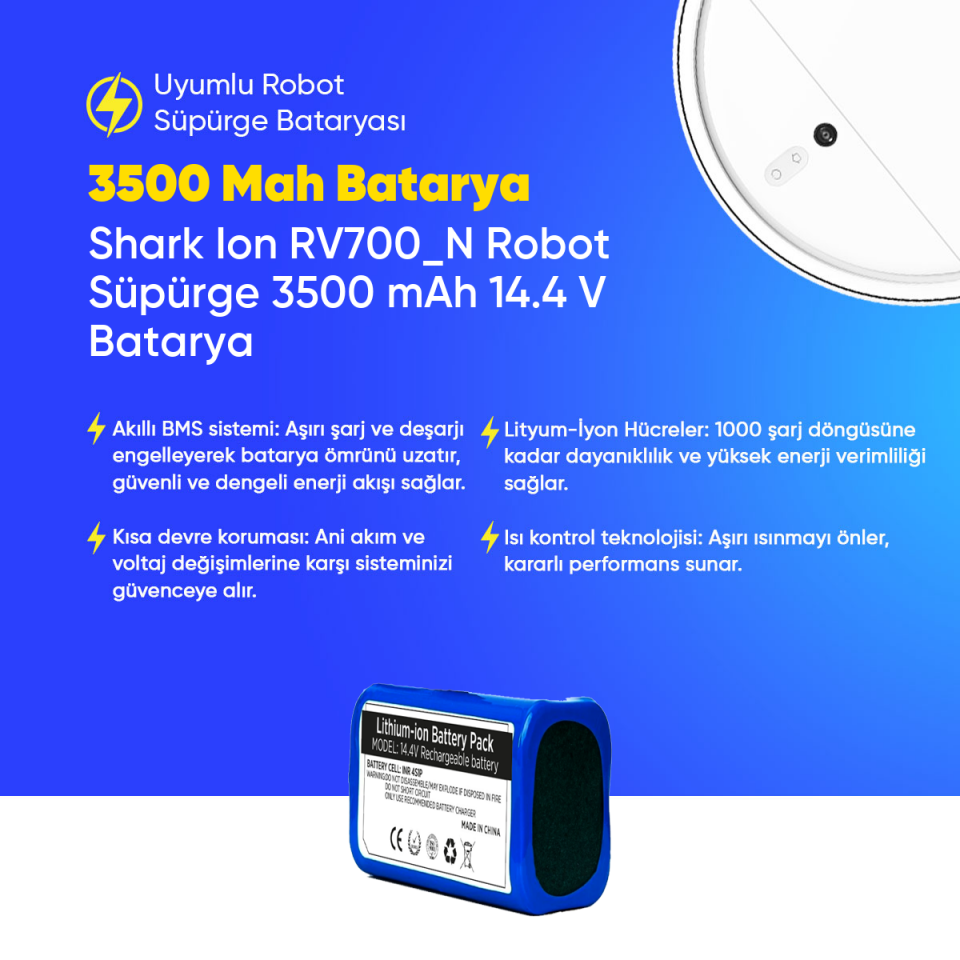 Shark Ion RV700_N Robot Süpürge 3500 mAh 14.4 V  Batarya – Orjinal Uyumlu Uzun Ömürlü, Yüksek Performans Pil