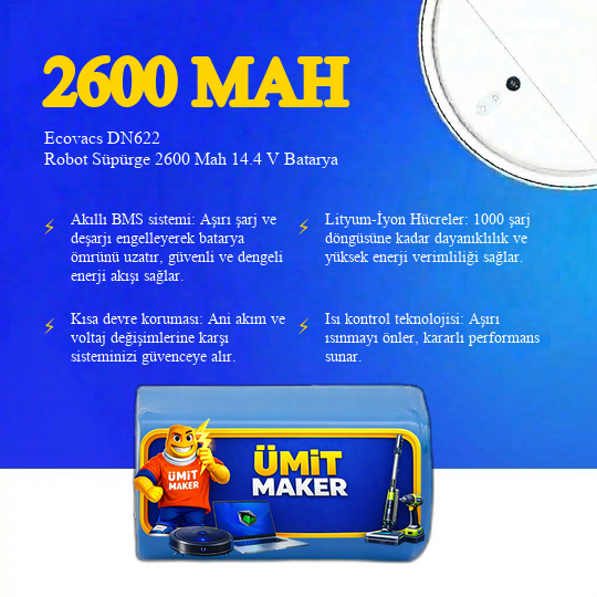 Ecovacs DN622 Robot Süpürge 2600 Mah 14.4 V Batarya – Orjinal Uyumlu Uzun Ömürlü, Yüksek Performans Pil