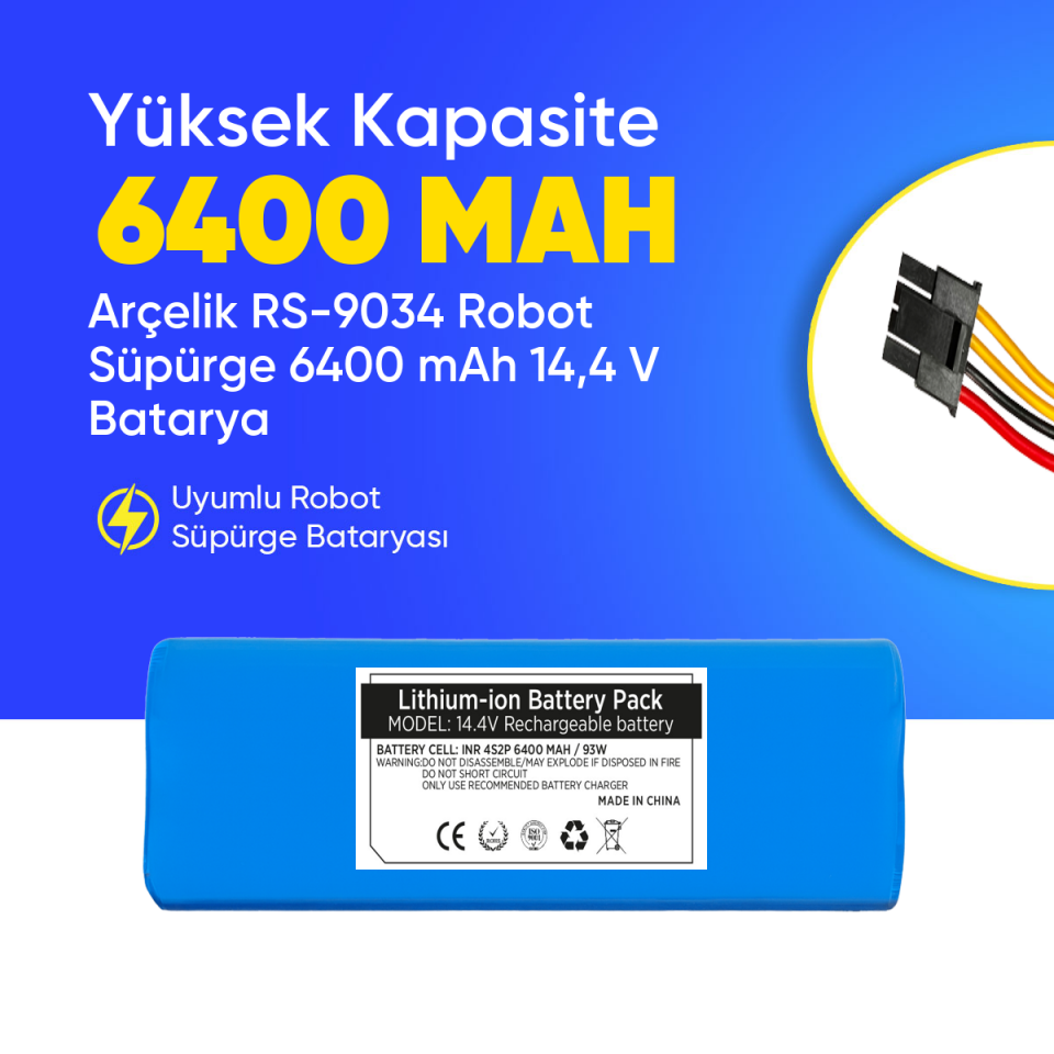 Arçelik RS-9034 Robot Süpürge 6400 mAh  14,4 V Batarya – Orjinal Uyumlu Uzun Ömürlü, Yüksek Performans Pil