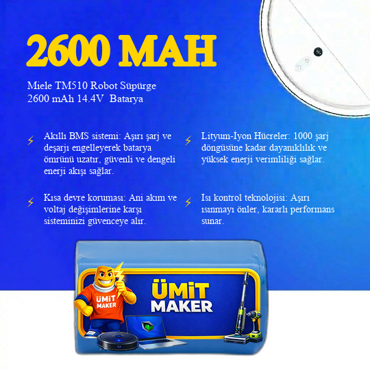 Miele TM510 Robot Süpürge 2600 mAh 14.4V  Batarya – Orjinal Uyumlu Uzun Ömürlü, Yüksek Performans Pil