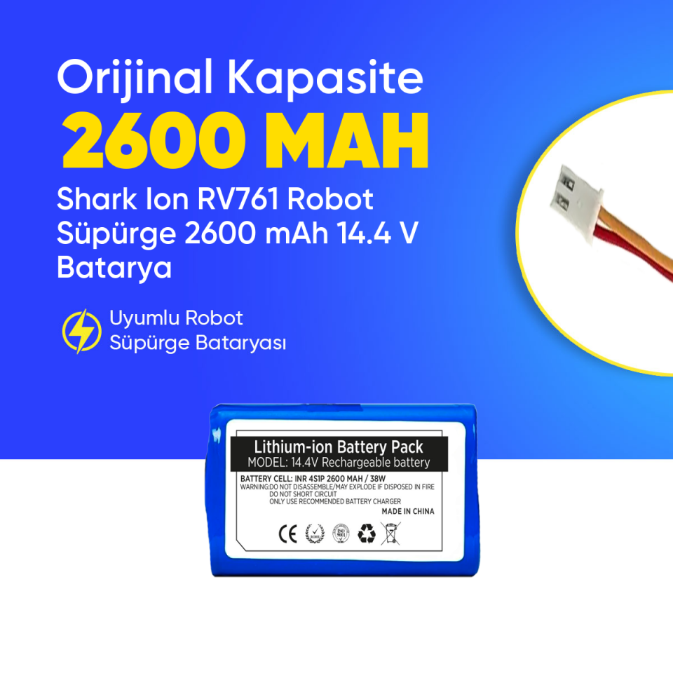 Shark Ion RV761 Robot Süpürge 2600 mAh 14.4 V  Batarya – Orjinal Uyumlu Uzun Ömürlü, Yüksek Performans Pil