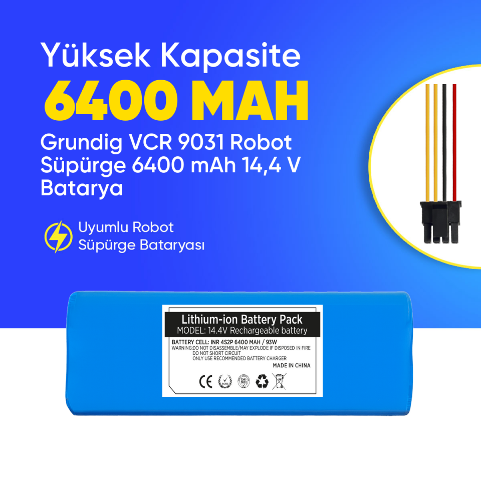 Grundig VCR 9031 Robot Süpürge 6400 mAh 14,4 V  Batarya – Orjinal Uyumlu Uzun Ömürlü, Yüksek Performans Pil