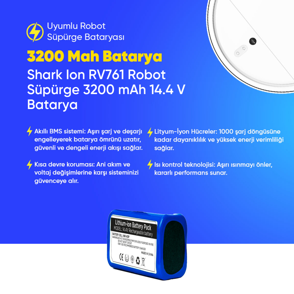 Shark Ion RV761 Robot Süpürge 3200 mAh 14.4 V  Batarya – Orjinal Uyumlu Uzun Ömürlü, Yüksek Performans Pil